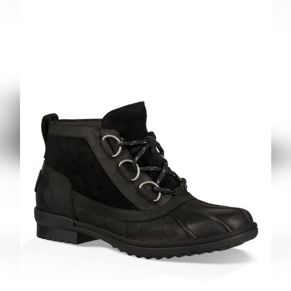 UGG Heather Women size 8 Waterproof Black Leather/Suede Boots - Picture 1 of 15